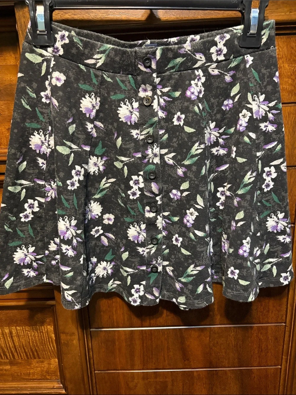 American Eagle Outfitters Black Floral Button-Front Skater Skirt